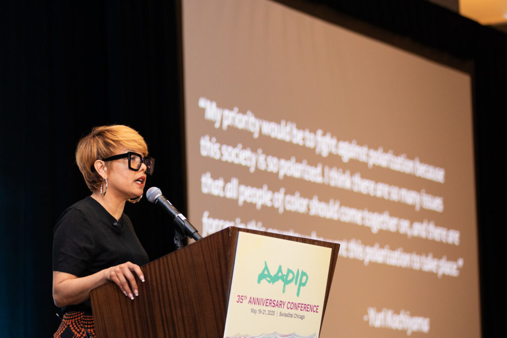 Akemi Kochiyama, co-director the of The Yuri Kochiyama Solidarity Project and granddaughter of human rights activist Yuri Kochiyama, introducing and framing the closing plenary.