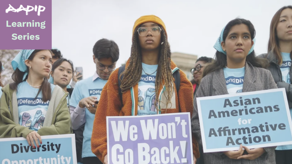 people holding signs saying "we won't go back" and "Asian Americans for Affirmative Action"