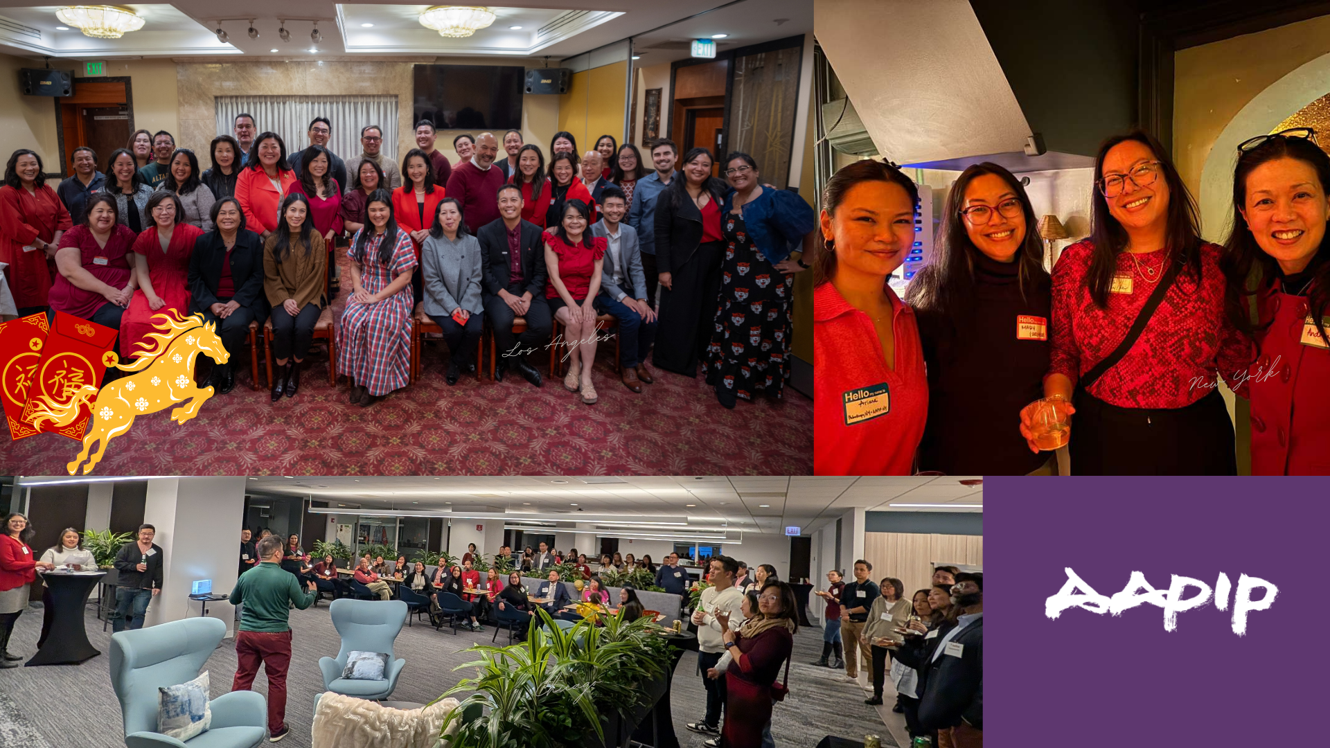 Photos of three AAPIP Lunar New Year celebrations with smiling group photos